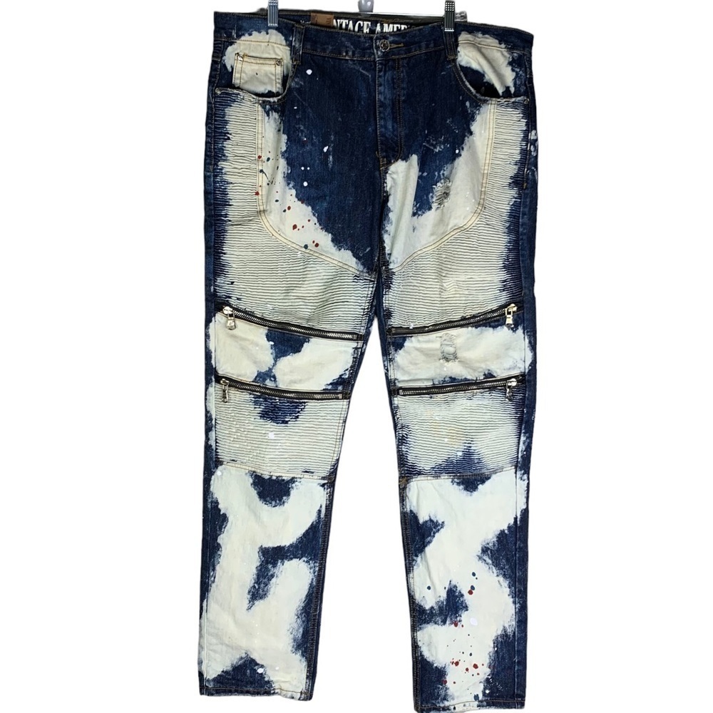 Men’s New Vintage America Jeans Bleached Distressed Zipper Pockets Size 42”X34”